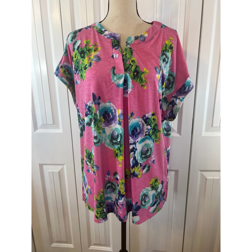 Dear Scarlett Pink Floral Split Neck Tunic Top XL LIZSS-C0006P